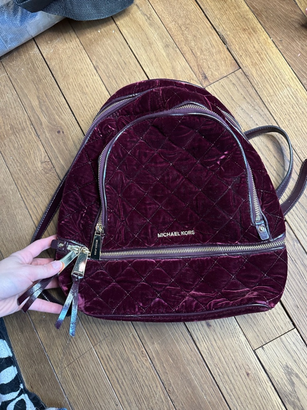 Michael Kors Quilted Velvet Wine Backpack with Gold Hardware - Picture 2 of 12